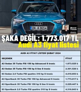 Audi A3 Fiyat Listesi Şubat 2024